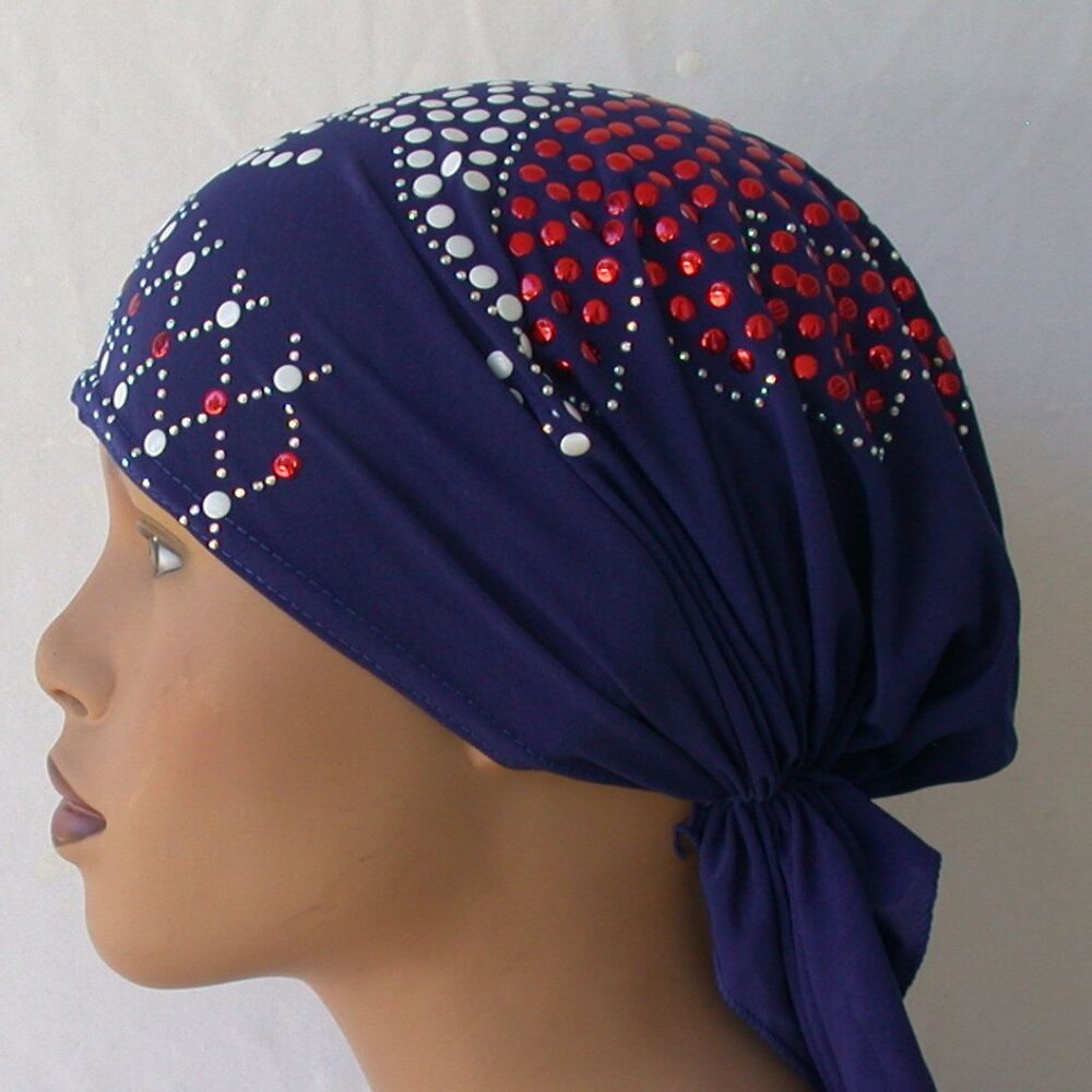 BLUE Pre-Tied Stud Chemo Cap Slip On Bonnet Hijab Undercap #1